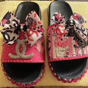 Customized faux leather Chanel slides